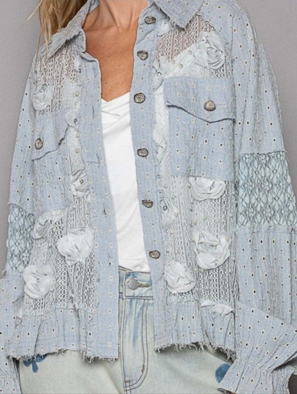 POL Balloon Sleeve Jacket Top – Lace Patch & Vintage Wash | Size Small NWOT